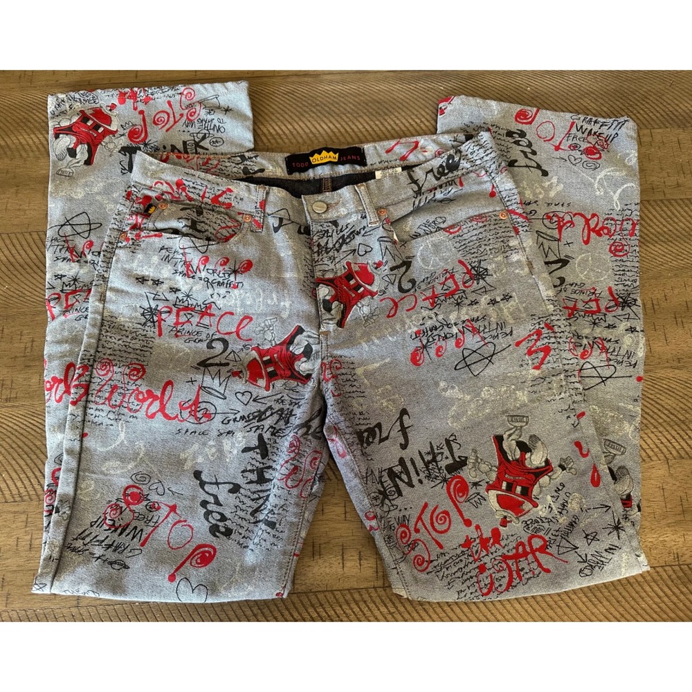 • VTG Todd Oldham Graffiti‎ Print Jeans Gray Red Black Flare Wide Leg Y2K 90s